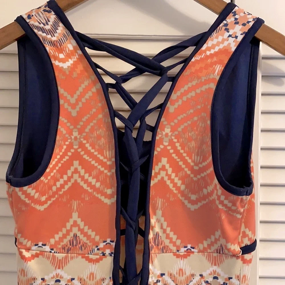 Emerald Sundae | Aztec Geo Print Lace-Up Back Boho Maxi Dress Coral/Navy Blue S - Picture 4 of 10